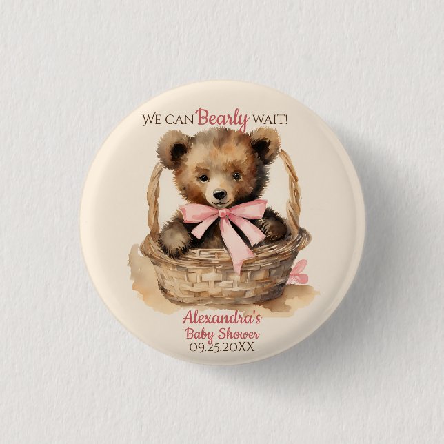 Baby Bear Cub Girls Baby Shower Button (Front)