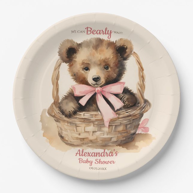 Baby Bear Cub Girls Baby Shower Paper Plates (Front)