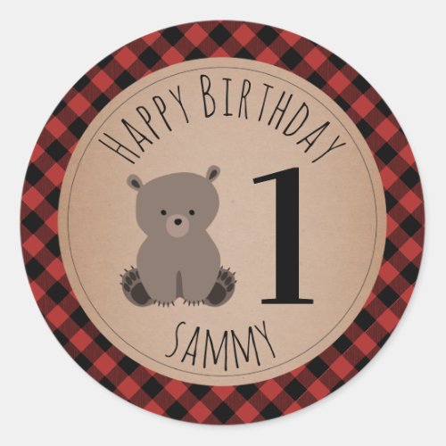 Baby Bear Cub Lumberjack Plaid Birthday Classic Round Sticker