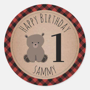 Baby Bear Cub Lumberjack Plaid Birthday Classic Round Sticker