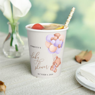 Baby Bear, Cute Bear, Purple Balloons, Baby Shower Paper Cups