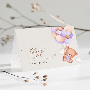Baby Bear, Cute Bear, Purple Balloons, Baby Shower Thank You Card