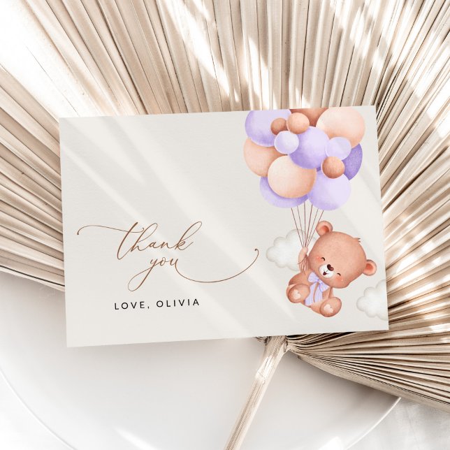 Baby Bear, Cute Bear, Purple Balloons, Baby Shower Thank You Card (Creator Uploaded)