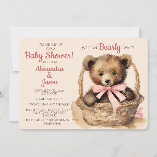 Baby Bear Girl Bearly Wait Baby Shower Invitation