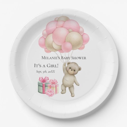 Baby Bear Girl Pink Balloons  Paper Plates