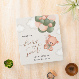 Baby Bear, Green Balloons, First Birthday 3 Ring Binder