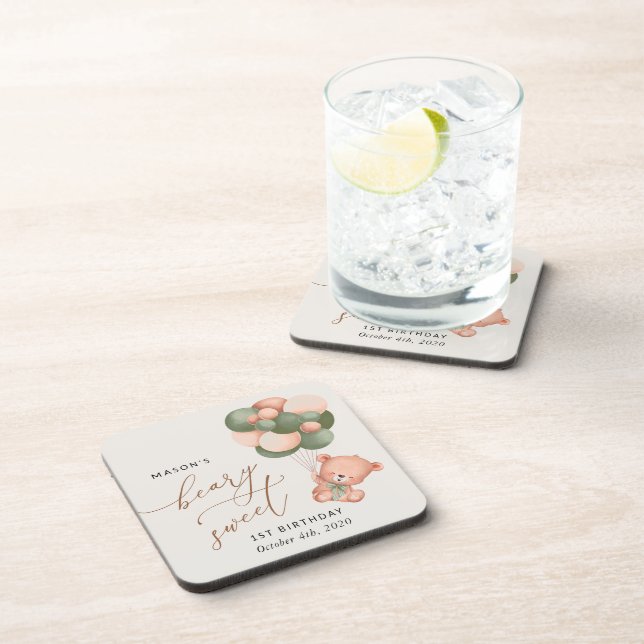 Baby Bear, Green Balloons, First Birthday Beverage Coaster (Right Side)