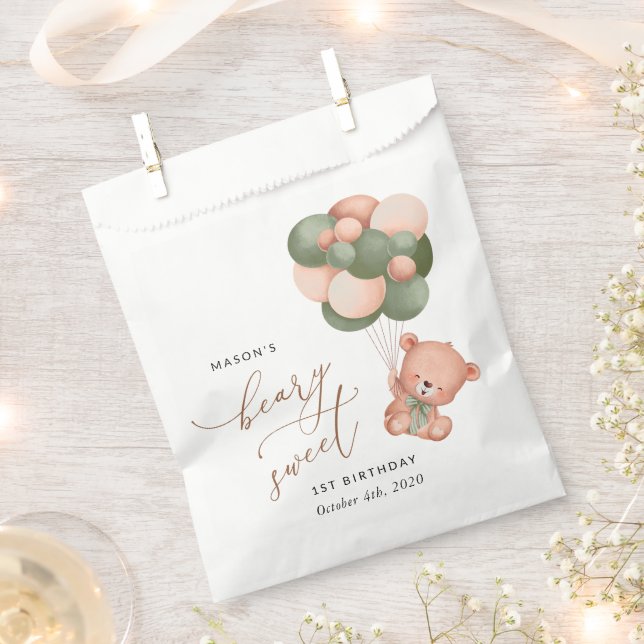 Baby Bear, Green Balloons, First Birthday Favor Bag (Clipped)