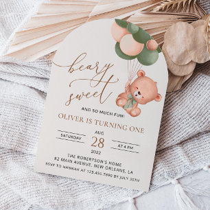 Baby Bear, Green Balloons, First Birthday Invitation