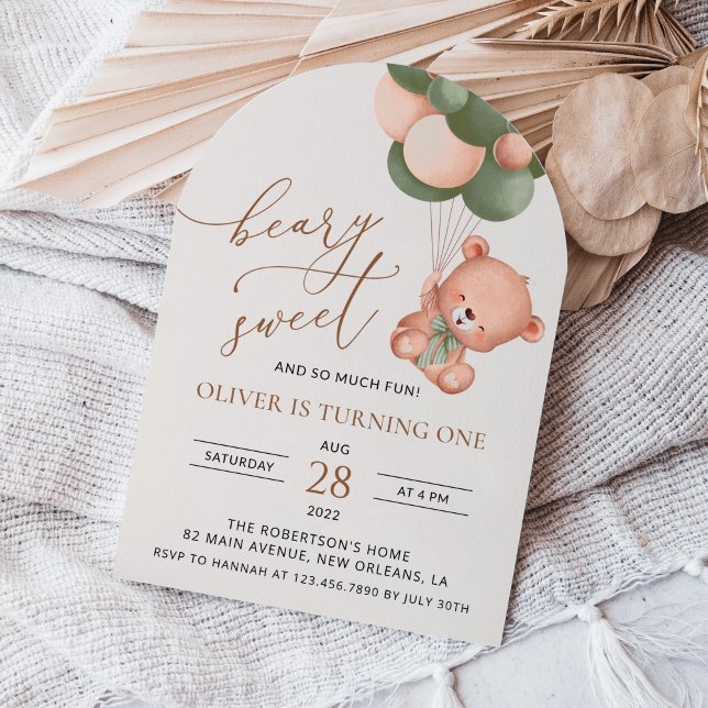 Baby Bear, Green Balloons, First Birthday Invitation (Creator Uploaded)