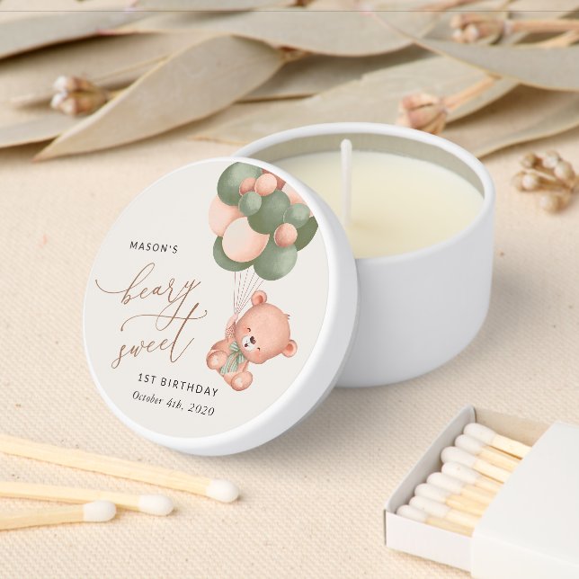 Baby Bear, Green Balloons, First Birthday Mini Candle Favors (Insitu)