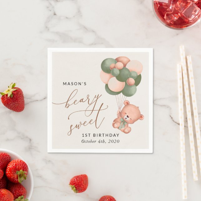 Baby Bear, Green Balloons, First Birthday Napkins (Insitu)