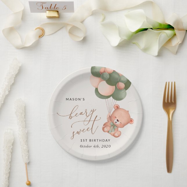 Baby Bear, Green Balloons, First Birthday Paper Plates (Wedding)
