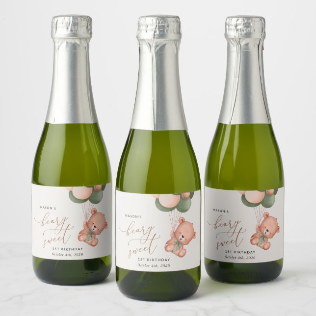 Baby Bear, Green Balloons, First Birthday Sparkling Wine Label (Bottles)