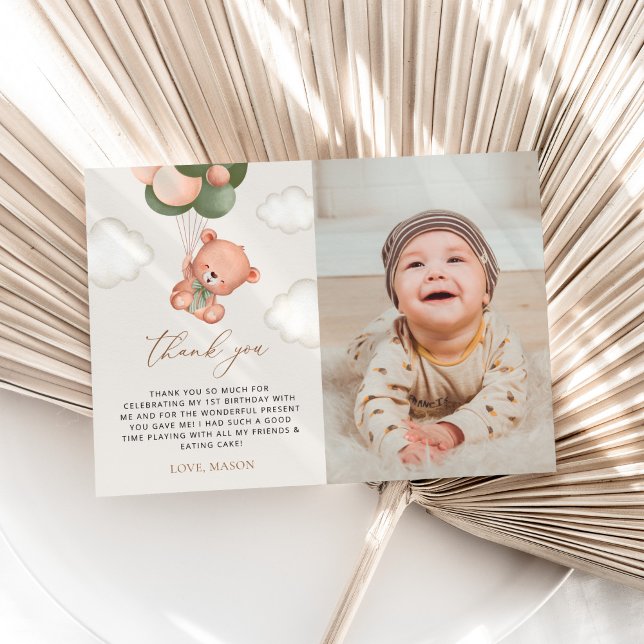 Baby Bear, Green Balloons, First Birthday Thank You Card (Creator Uploaded)