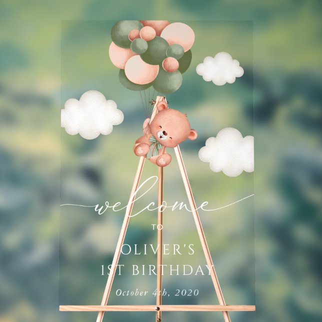 Baby Bear, Green Balloons, First Birthday Welcome Acrylic Sign (Neutral)