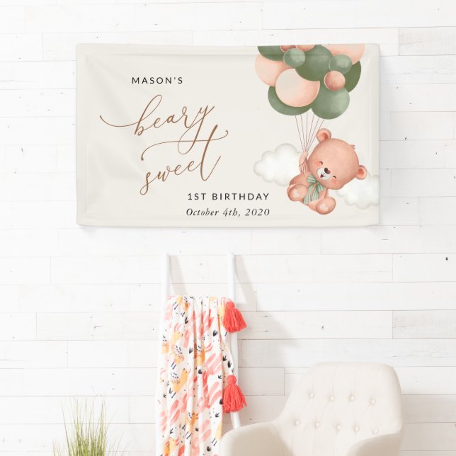 Baby Bear, Green Balloons, First Birthday Welcome Banner (Insitu)
