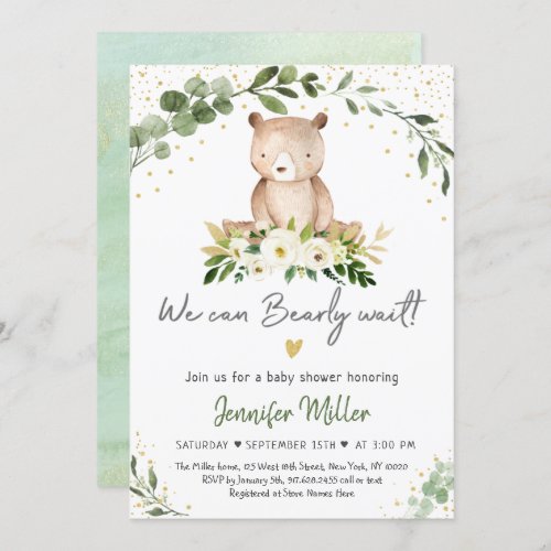 Baby Bear Greenery Gold Floral Baby Shower Invitation
