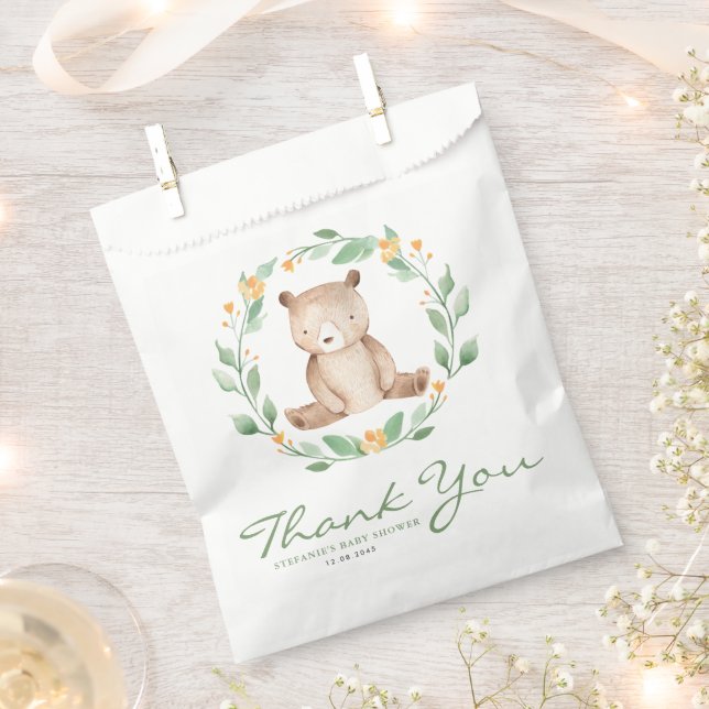 Baby Bear Greenery Wreath Baby Shower Thank You Favor Bag (Clipped)