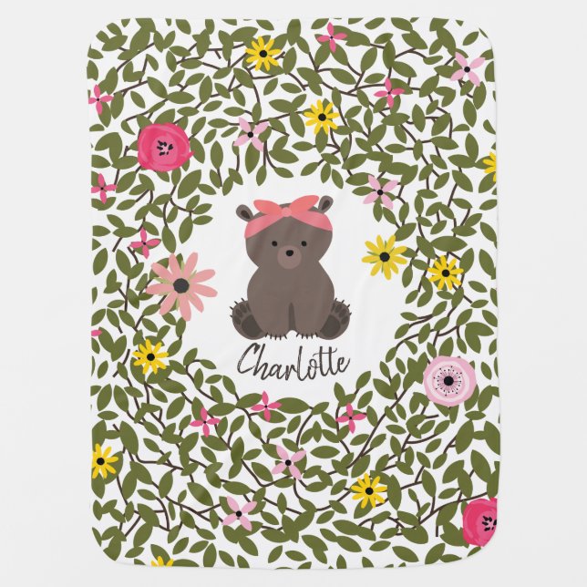 Baby Bear Headband Floral Greenery Girl Blanket (Front)