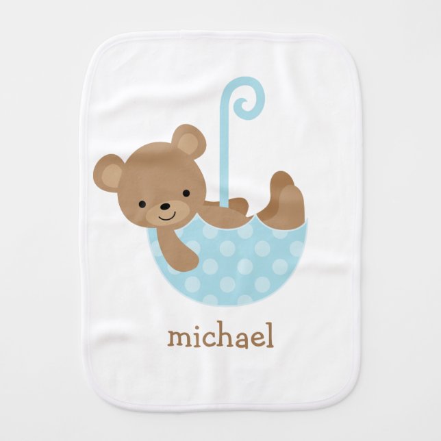 Baby Bear in Blue Umbrella Burp Cloth (Front)