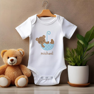 Baby Bear in Blue Umbrella Personalized Baby Bodysuit