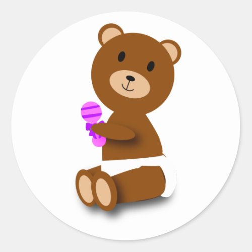 Baby Bear in Diaper Cute Pink Purple Rattle Classic Round Sticker