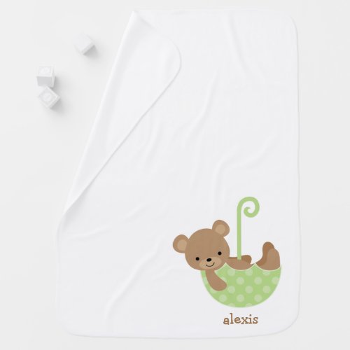 Baby Bear in Green Umbrella Personalized Swaddle Blanket