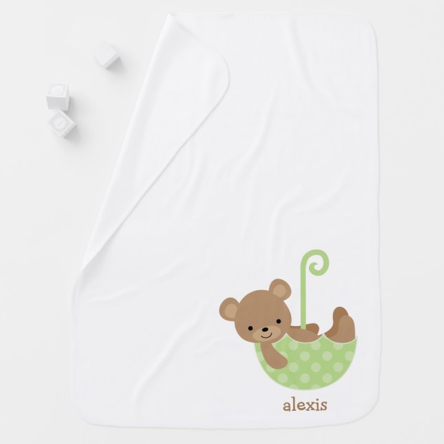 Baby Bear in Green Umbrella Personalized Swaddle Blanket (In Situ)
