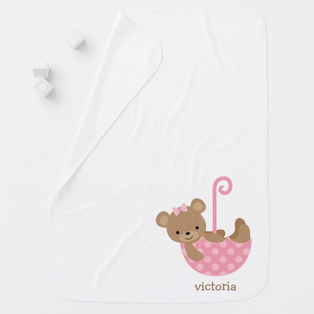 Baby Bear in Pink Umbrella Personalized Blanket (In Situ)