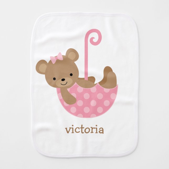 Baby Bear in Pink Umbrella Personalized Burp Cloth (Front)