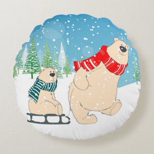 Baby Bear on Sled in Winter Snow a Christmas Round Pillow