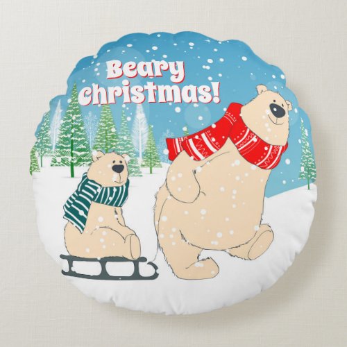 Baby Bear on Sled in Winter Snow a Christmas Round Pillow