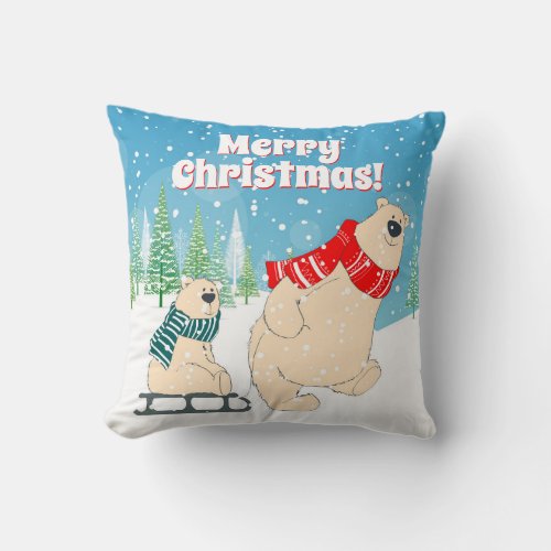 Baby Bear on Sled in Winter Snow a Christmas Throw Pillow