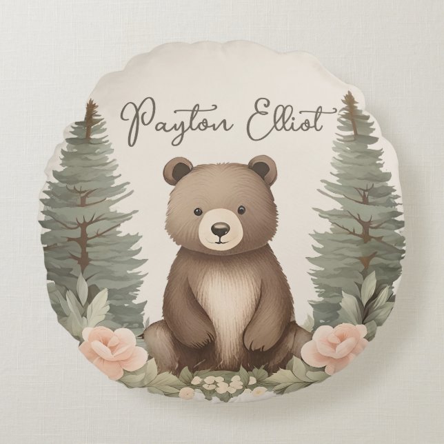 Baby Bear Pine Trees Round Pillow (Front)