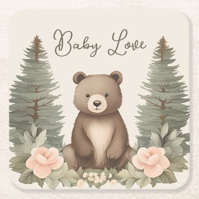 Baby Bear Pine Trees Square Paper Coaster (Front)