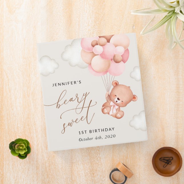Baby Bear, Pink Balloons, First Birthday 3 Ring Binder (In Situ)
