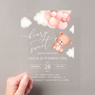 Baby Bear, Pink Balloons, First Birthday Acrylic Invitations