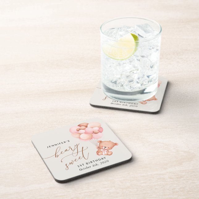 Baby Bear, Pink Balloons, First Birthday Beverage Coaster (Right Side)