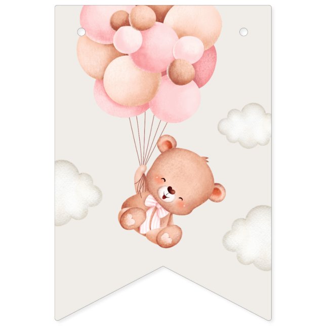 Baby Bear, Pink Balloons, First Birthday Bunting Flags (First Flag)