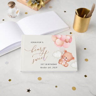 Baby Bear, Pink Balloons, First Birthday Guest Book