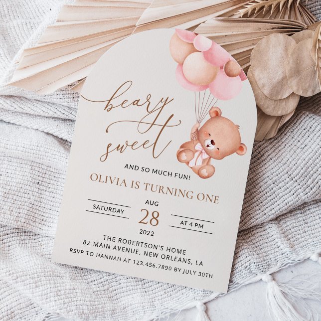 Baby Bear, Pink Balloons, First Birthday Invitation (Creator Uploaded)