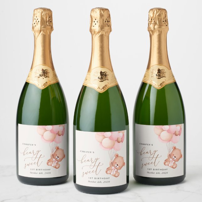 Baby Bear, Pink Balloons, First Birthday Sparkling Wine Label (Bottles)