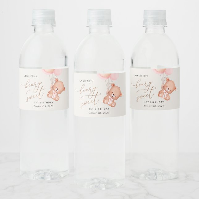 Baby Bear, Pink Balloons, First Birthday Water Bottle Label (Bottles)
