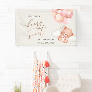 Baby Bear, Pink Balloons, First Birthday Welcome Banner