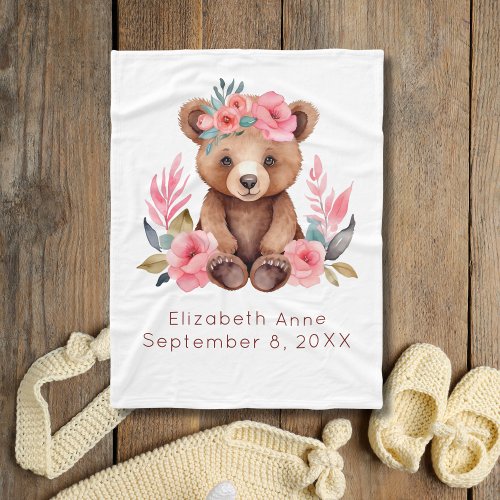 Baby Bear Pink Flowers Watercolor Gift Baby Fleece Blanket