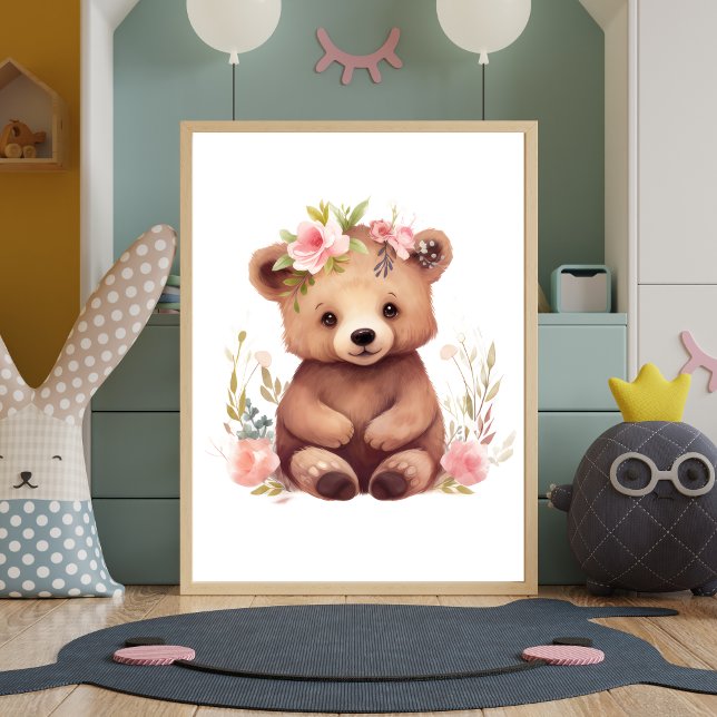 Baby Bear Pink Flowers Watercolor Nursery Wall Art (Nursery Print Baby Bear Pink Flowers. Nursery decor. Printed or digital download)