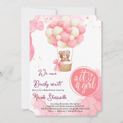 Baby Bear Pink Gold Hot Air Balloon Baby Shower Invitation