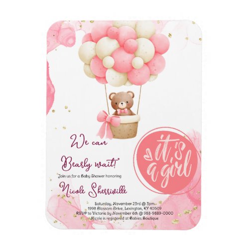 Baby Bear Pink Gold Hot Air Balloon Baby Shower Magnet