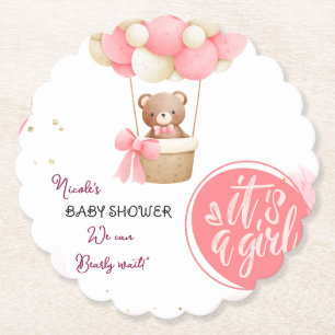 Baby Bear Pink Gold Hot Air Balloon Baby Shower Paper Coaster